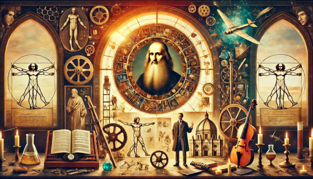 A captivating illustration of Leonardo da Vinci surrounded by his most iconic creations